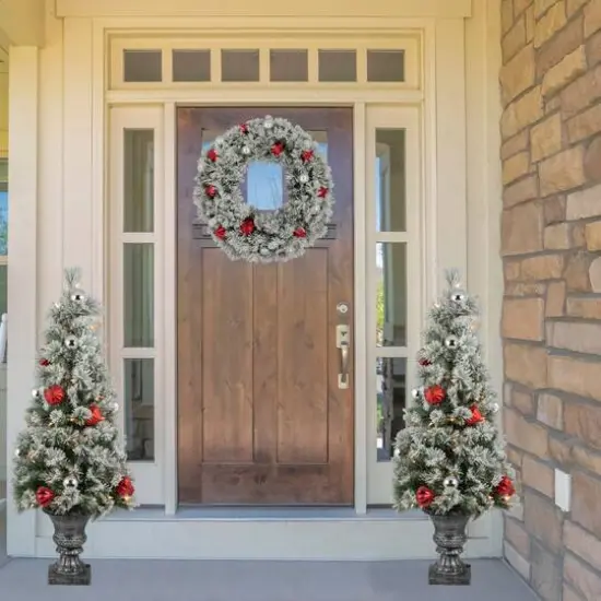 4ft. Pre-Lit Snowy Bristle Pine Flocked Artificial Christmas Tree in Silver Urn, Clear Lights {3}