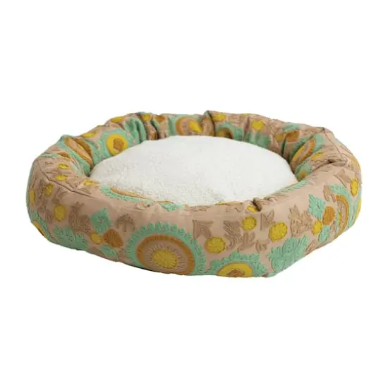 Hello Honey&reg; 24" Taupe, Green & Mint Round Floral Cotton & Sherpa Pet Bed {3}