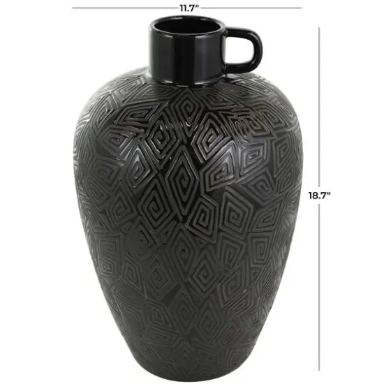 19" Black Ceramic Vase with Geometric Etchings {8}