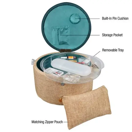 SINGER&reg; Large Burlap Fabric Premium Round Sewing Basket with Travel Sewing Kit {3}