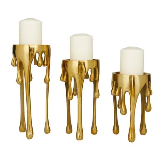 CosmoLiving by Cosmopolitan Gold Aluminum Pillar Candle Holder with Dripping Melting Designed Legs Set {1}