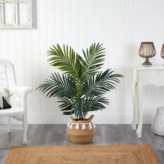 4ft. Kentia Palm Artificial Tree in Boho Chic Handmade Natural Cotton Woven Planter with Tassels {4}