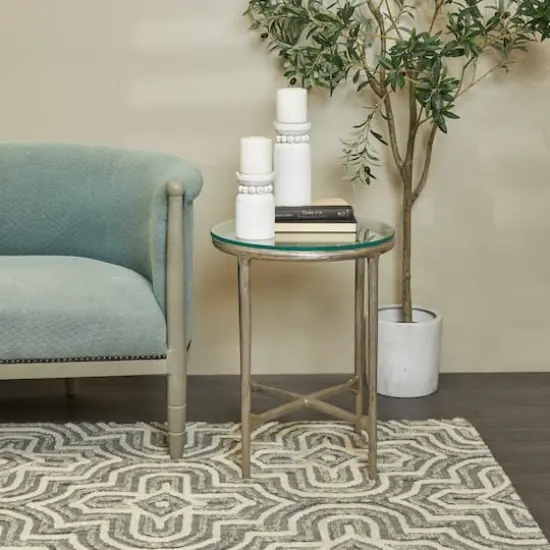 23" Aluminum Textured Accent Table with Glass Tabletop Silver {4}