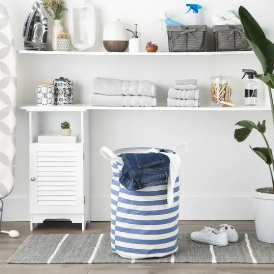 DII&reg; Round Stripes PE-Coated Cotton Polyester Laundry Hamper French Blue {4}