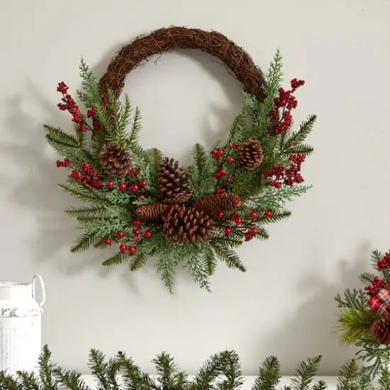 22" Mixed Pine with Berries & Pinecones Wreath {5}