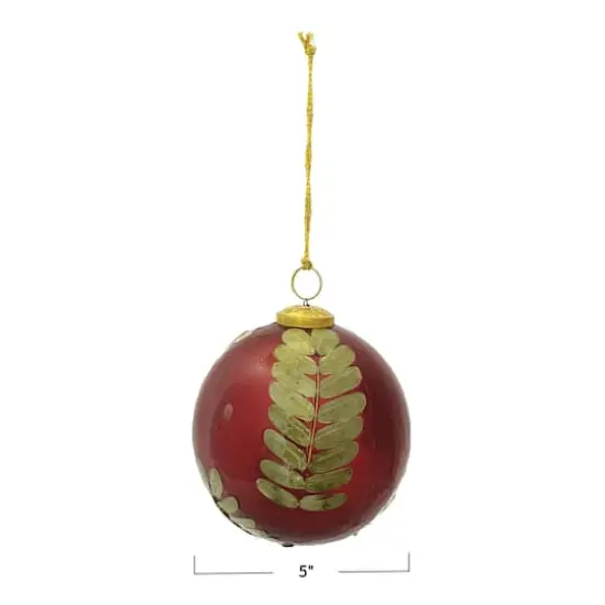 Hello Honey&reg; 5" Red & Gold Embedded Eucalyptus Leaf Ball Glass Ornament {4}