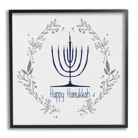 Stupell Industries Happy Hanukkah Botanical Wreath Framed Giclee Art Black {1}