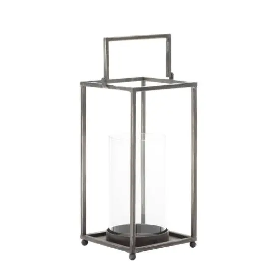 Black Iron Modern Candle Holder Lantern, 16" x 6" x 6" {4}