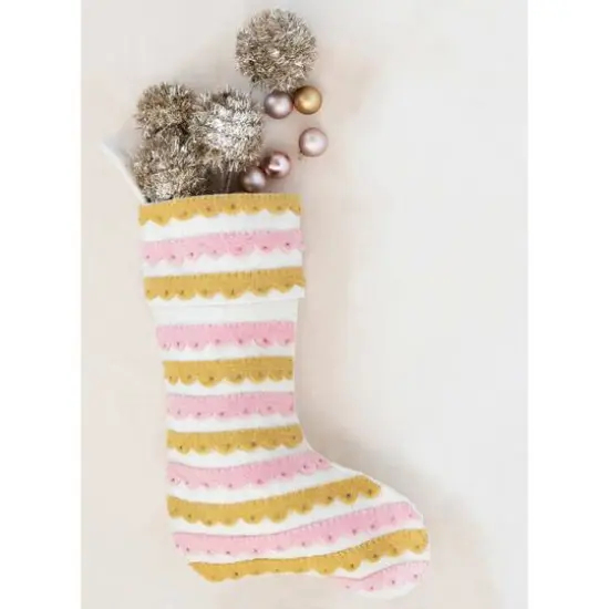 Hello Honey® 19" Pink, Cream & Mustard Wool Felt Stocking with Appliqued Scallops & Beads {4}