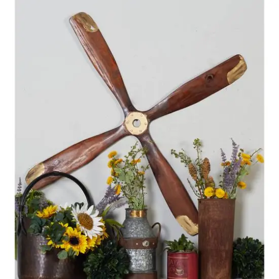 44" Brown Wood Industrial Propeller Wall Decor {6}