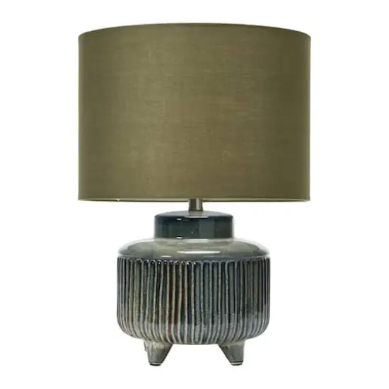 Hello Honey® 17.5" Green Reactive Glaze Footed Debossed Stoneware Table Lamp with Linen Shade {1}