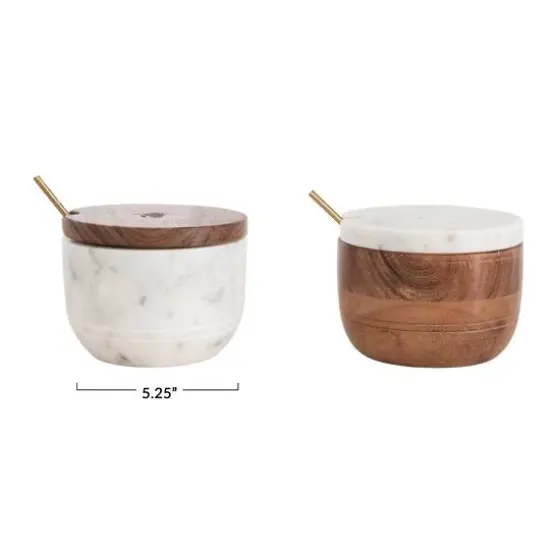 Hello Honey® 5.2" Marble & Acacia Wood Bowl with Lid & Brass Spoon Set, 2ct. {1}