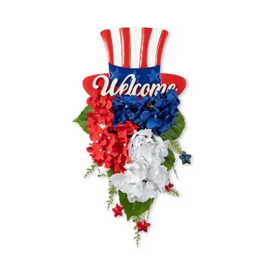 Glitzhome&reg; 22.5" Patriotic Americana Metal Top Hat & Hydrangea Swag Wall D&eacute;cor {1}