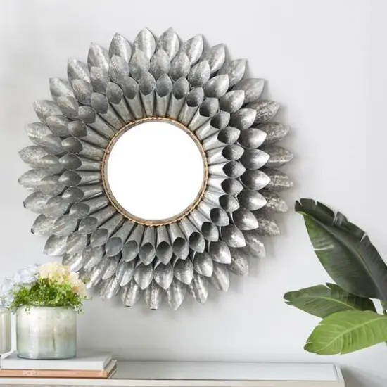 32" Gray Contemporary Galvanized Metal Wall Mirror {8}