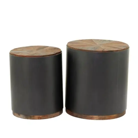 Black Metal Accent Table with Brown Wood Top Set of 2 21", 19" {6}