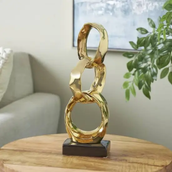 15" Gold Abstract Interlocked Rings Ceramic Sculpture with Black Base {3}
