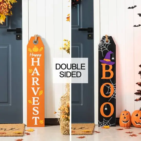 Glitzhome&reg; 35.5" Fall & Halloween Reversible Wood Tag Porch Sign {3}