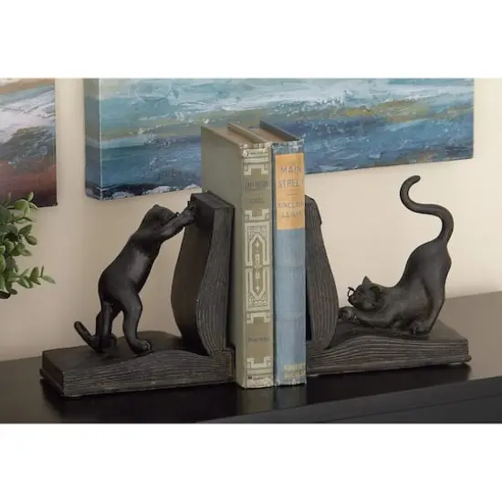 Black Polystone Eclectic Cat Bookends Set {9}