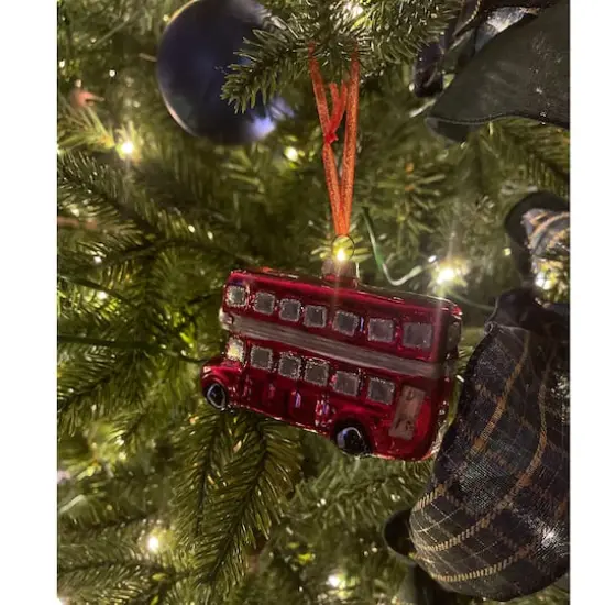 4" Shiny Metallic Red & Silver Glass Double Decker Bus Christmas Ornament {11}