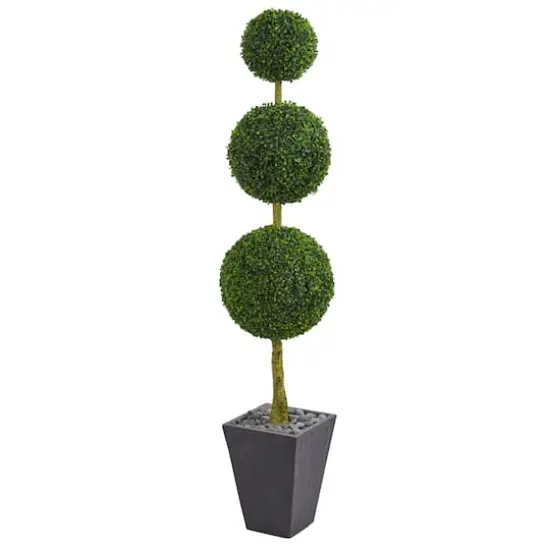 6ft. UV Resistant Artificial Boxwood Triple Ball Topiary Tree in Slate Planter {1}