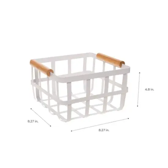 Simplify Small Square White Metal Basket with Bamboo Handles {5}