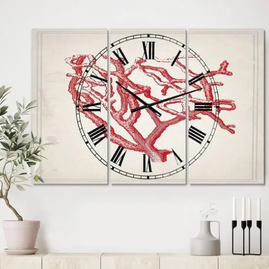 Designart Red Coral Oversized Nautical & Coastal 3 Panel Wall Clock {3}