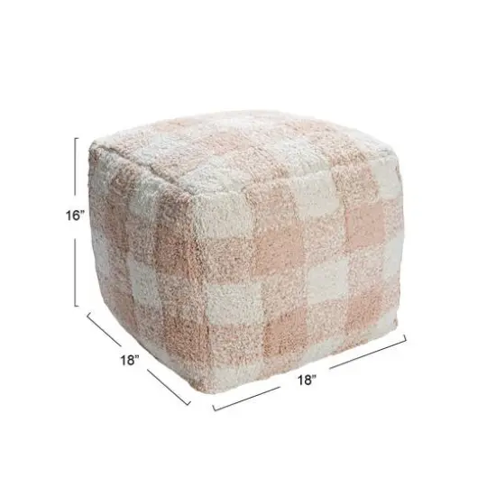 Hello Honey&reg; 18" Blush & Cream Plaid Cotton Tufted Pouf {7}