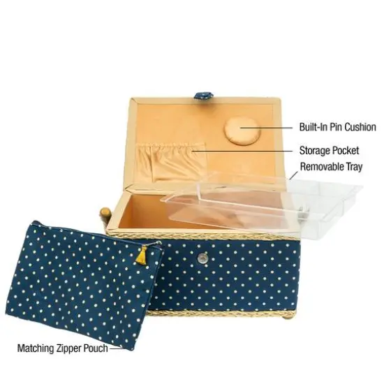 SINGER&reg; Large Blue Polka Dot Print Sewing Basket with Matching Zipper Pouch {3}