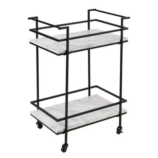 Honey Can Do 2-Tier Black & White Faux Marble Rolling Bar & Serving Cart {3}