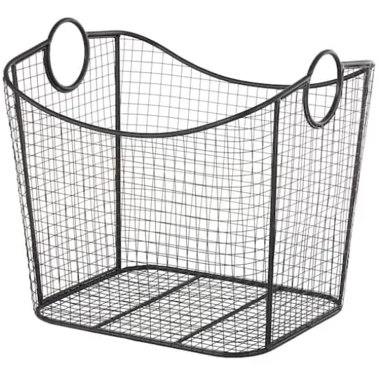 20" Black Metal Storage Basket with Curved Sides & Ring Handles {1}