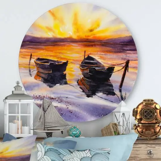 Designart - Sunset and Two Small Boats Parking On The Shore - Lake House Metal Circle Wall Art {1}