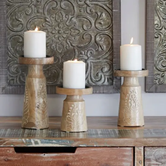 Mango Wood Round Carved Pillar Floral Candle Holder Set Light Brown {3}
