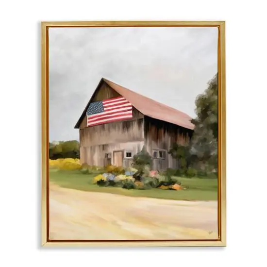 Stupell Industries Rural Americana Home Countryside Farm Flag Painting Floater Framed Art Gold {1}
