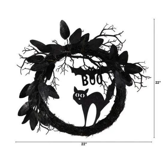 22" Halloween Black Cat & Bat Boo Twig Wreath {3}