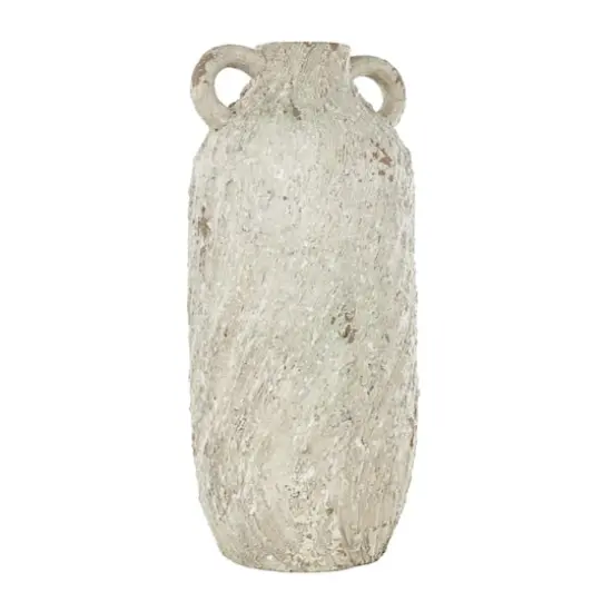 15.5" Cream Magnesium Oxide Antique Textured Amphora Decorative Vase with 2 Small Handles {4}