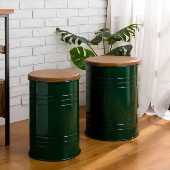 Glitzhome&reg; Metal Storage Accent Table with Solid Wood Lid Set Hunter Green {3}