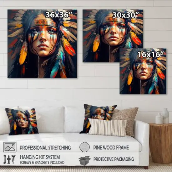 Designart 'Colorful Native American Woman VI' Contemporary Glam Framed Canvas Wall Art Thick Black {5}