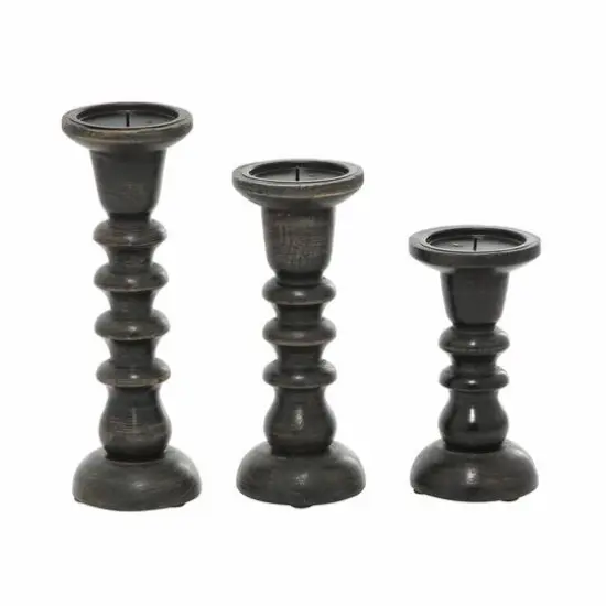 Dark Brown Mango Wood Traditional Ridged Candle Holder Set {3}