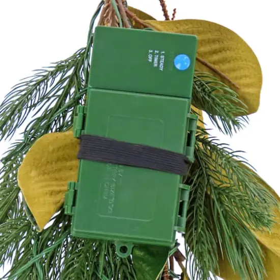 9" Christmas Magnolia Mix Pine Garland with Fabric Bow, Warm White LED Lights {6}