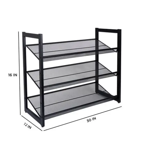 Organize It All 30" Wide Black 3 Tier Adjustable Mesh Shoe Rack {4}