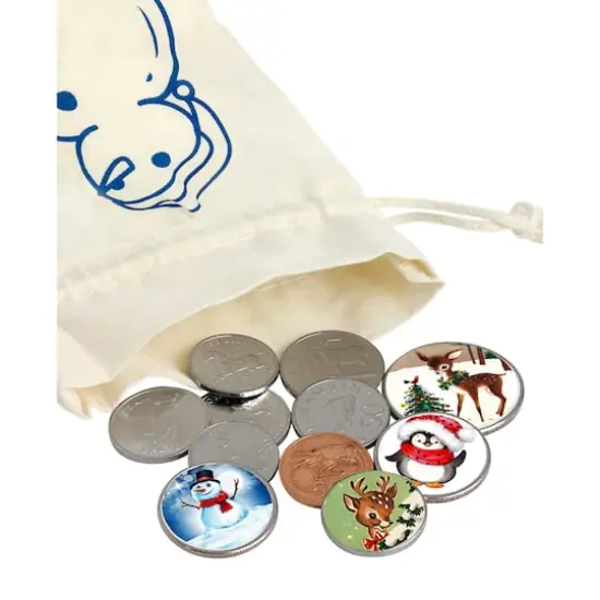 Animal Coins From Around The World And Colorized Christmas Coins In Snowman Canvas Bag {4}