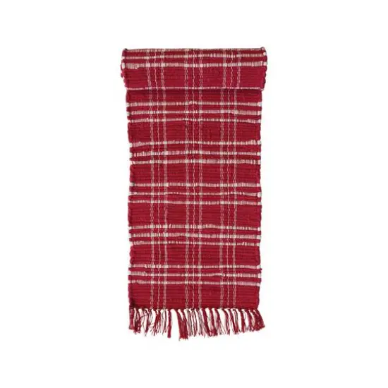 Hello Honey&reg; 72" Red & White Plaid Hand-Woven Cotton Chindi Table Runner with Fringe {4}