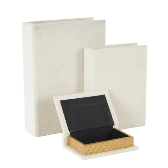 Cream Velvet Textured Decorative Book Box with Gold Page Detailing, 3ct. {4}