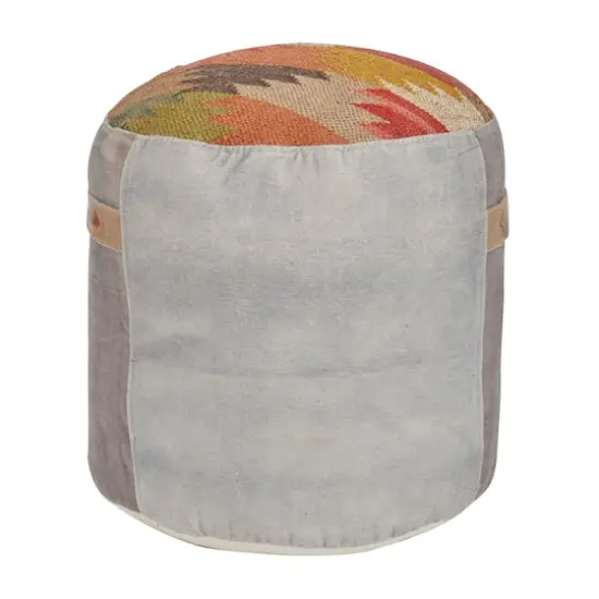 Multi Colored Cotton and Leather Bohemian Pouf, 19" x 17" x 17" {5}