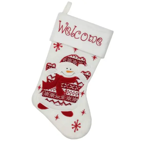 16" Red & White Welcome Snowman Embroidered Christmas Stocking {1}