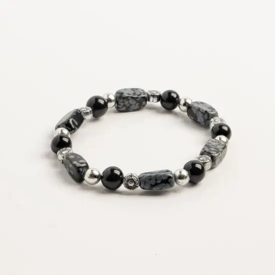 John Bead Snow Flake Gray & Obsidian Natural Stone Bracelet {4}