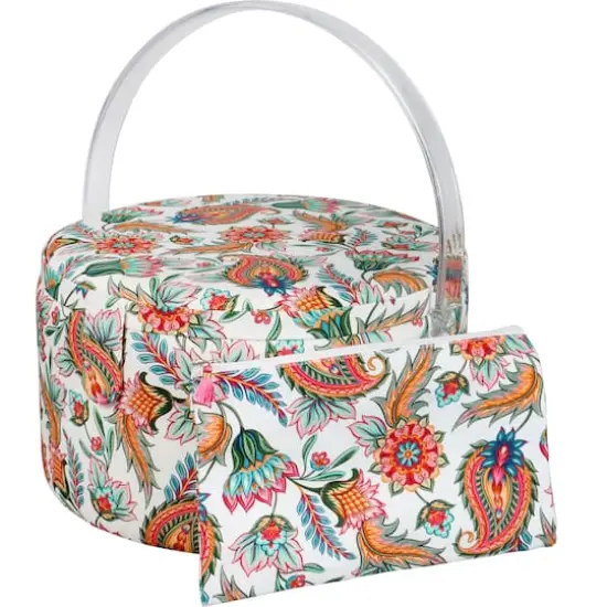 SINGER® Large Paisley Floral Print Premium Round Sewing Basket with Matching Zipper Pouch {1}
