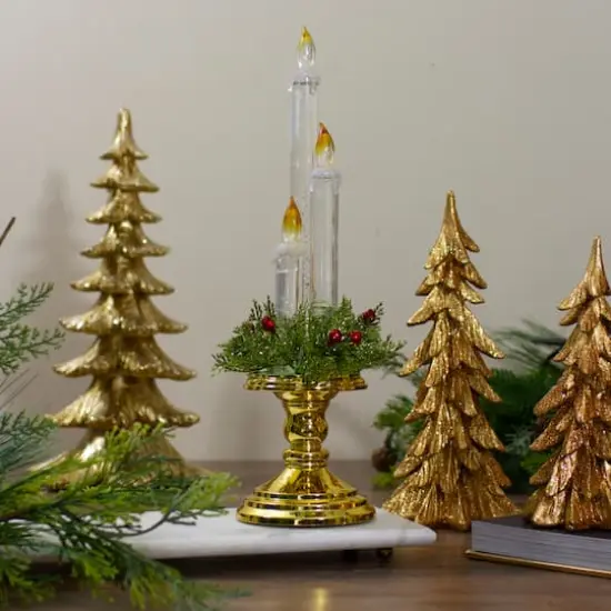 14.5" Lighted Water Candle on Gold Base with Berries {3}