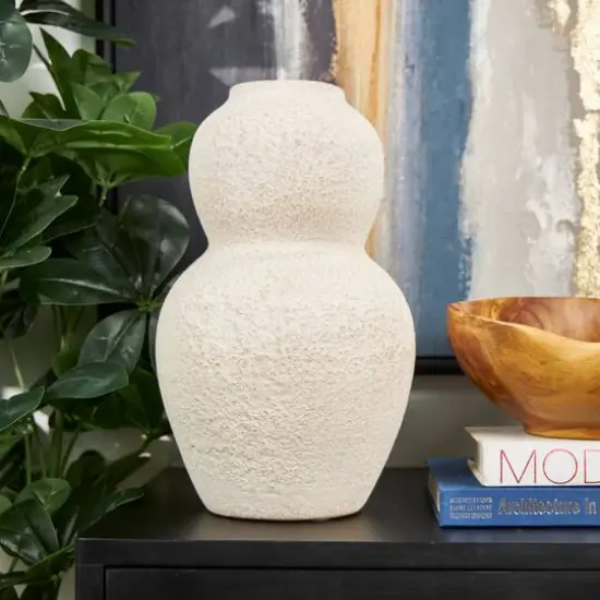 15" Cream Ceramic Hourglass Textured Vase {10}