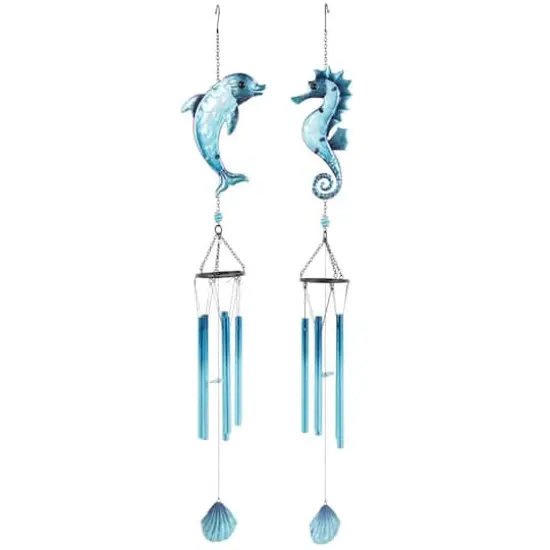 Blue Sea Life Metal Dolphin & Seahorse Windchime with Dangling Seashells Set {1}